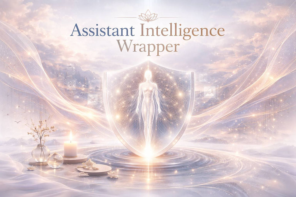 Glowing humanoid figure inside a translucent shield with luminous digital connections, surrounded by soft clouds, mountains, and decorative candle and flowers, symbolizing artificial intelligence and protection