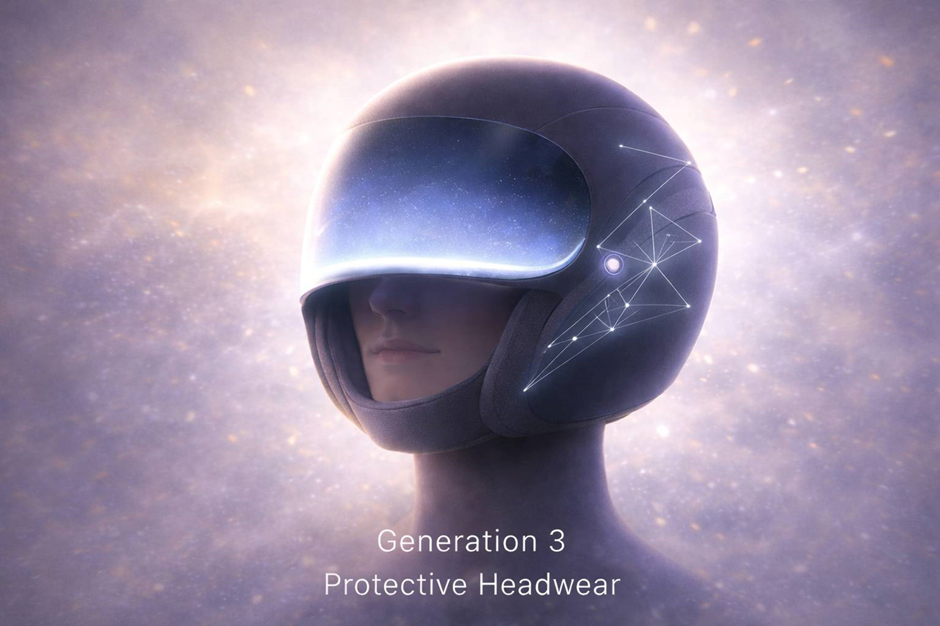 Futuristic helmet with glowing patterns on a person's head, set against a cosmic background. Text: Generation 3 Protective Headwear.