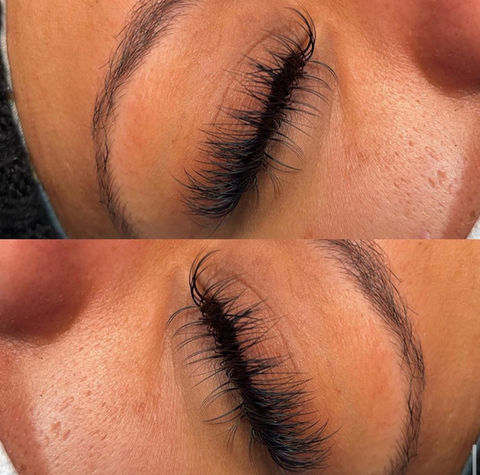 Two close-up views of hybrid lash extensions with soft fullness.