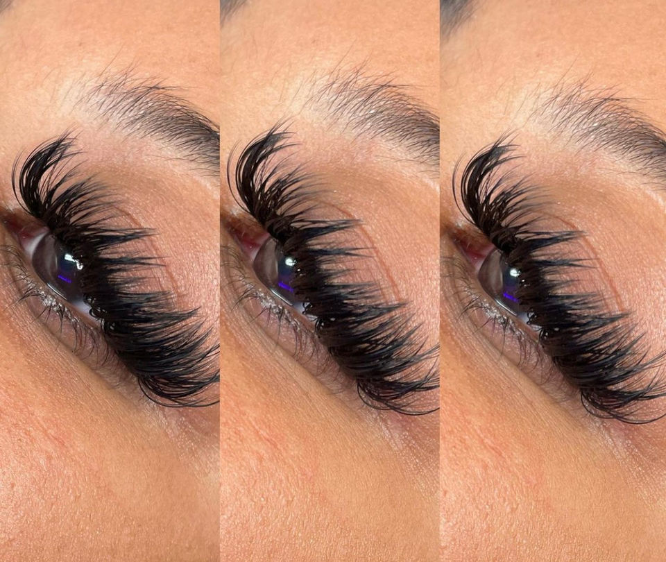 Three close-up angles of fluffy volume lash extensions.