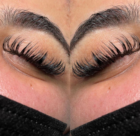 Two close-up angles of natural classic lash extensions.