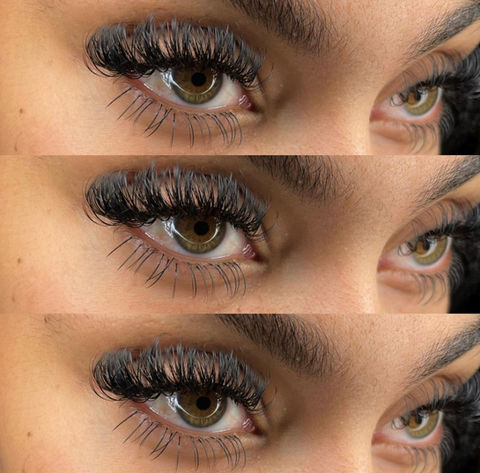 Three close-up angles of brown eyes with volume lash extensions.
