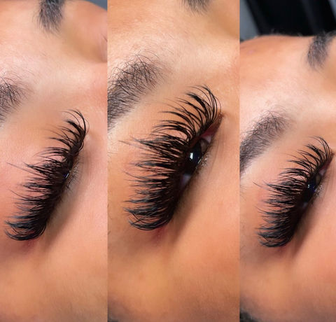 Three close-up views of wispy hybrid lash extensions.