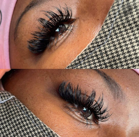 Two close-up images of brown eyes with full volume lash extensions.