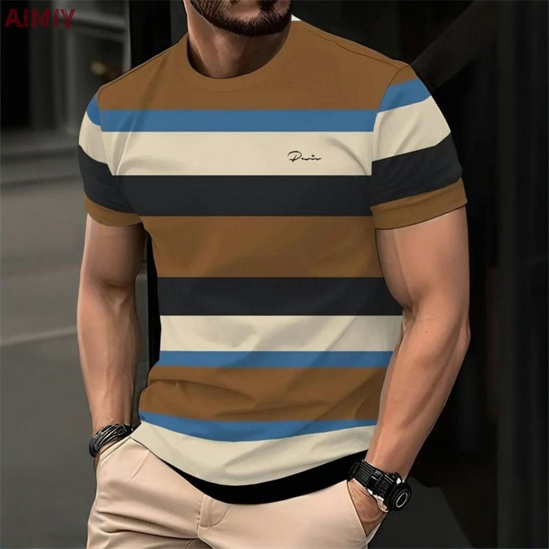 Miniatura: Camiseta masculina listrada estampada para o verão, casual, com gola redonda e m