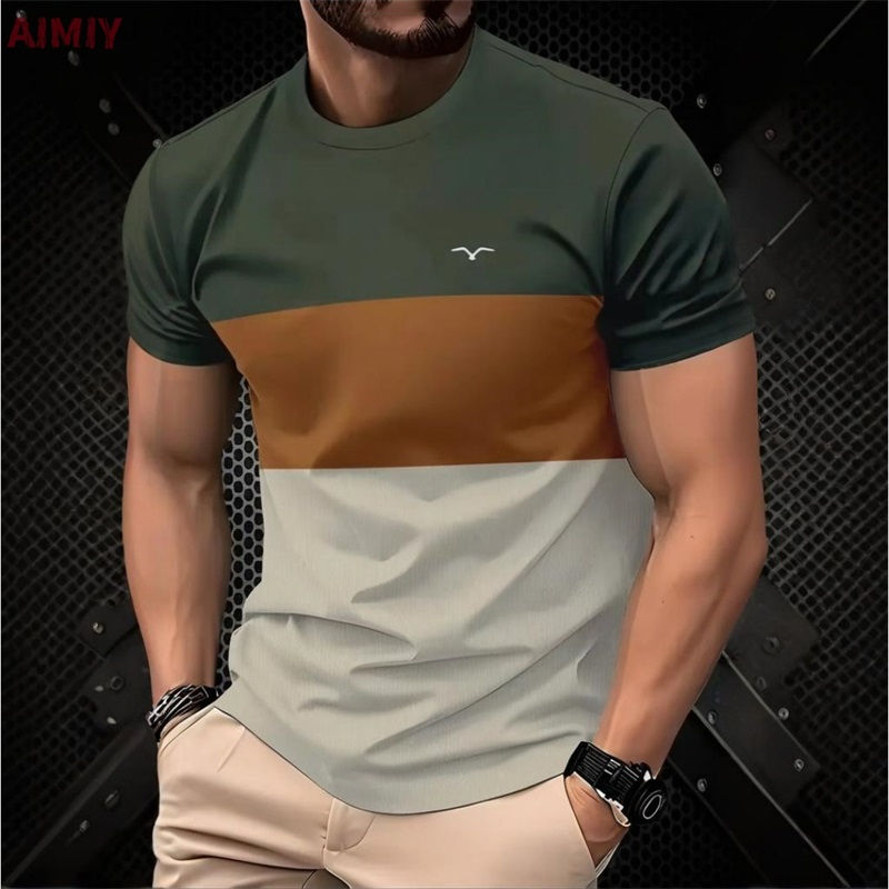 Miniatura: Camiseta masculina listrada estampada para o verão, casual, com gola redonda e m