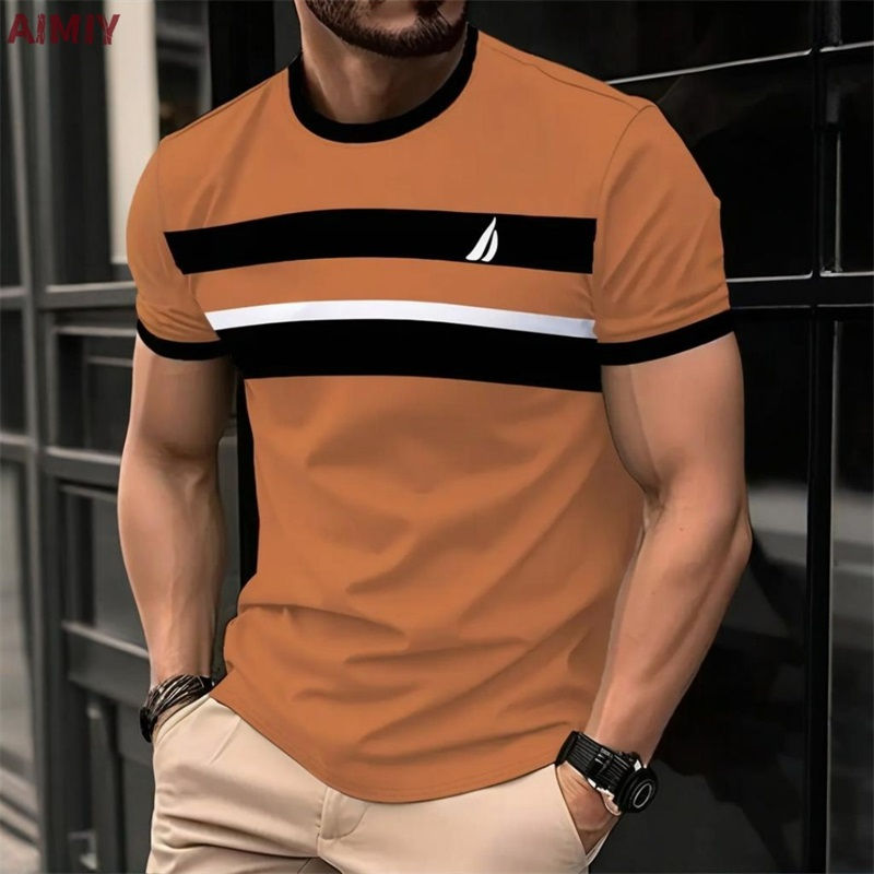 Miniatura: Camiseta masculina listrada estampada para o verão, casual, com gola redonda e m