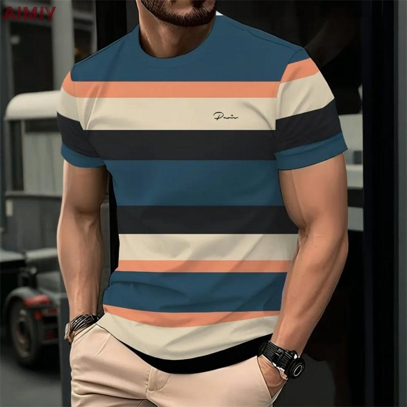 Miniatura: Camiseta masculina listrada estampada para o verão, casual, com gola redonda e m