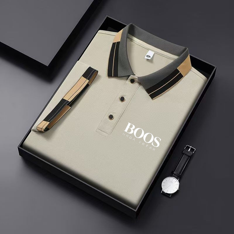 Miniatura: Camisa polo masculina de manga curta com listras bordadas, estilo casual de negó