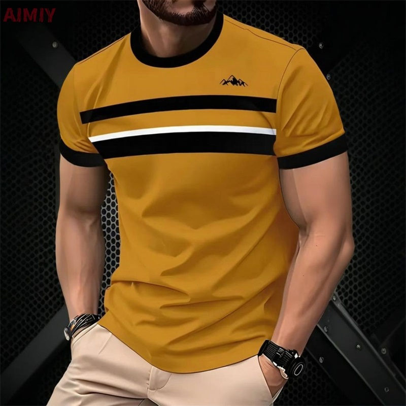Miniatura: Camiseta masculina listrada estampada para o verão, casual, com gola redonda e m