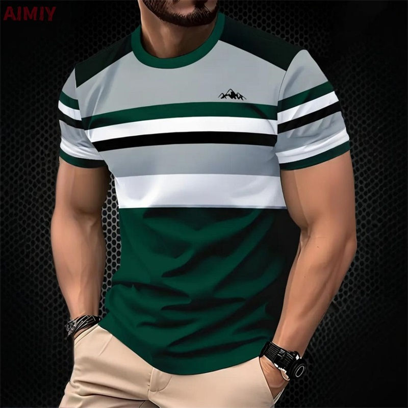 Miniatura: Camiseta masculina listrada estampada para o verão, casual, com gola redonda e m