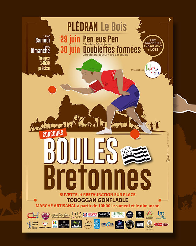 Création affiche publicitaire pour concours de boule bretonne à Plédran, près de Saint-Brieuc.