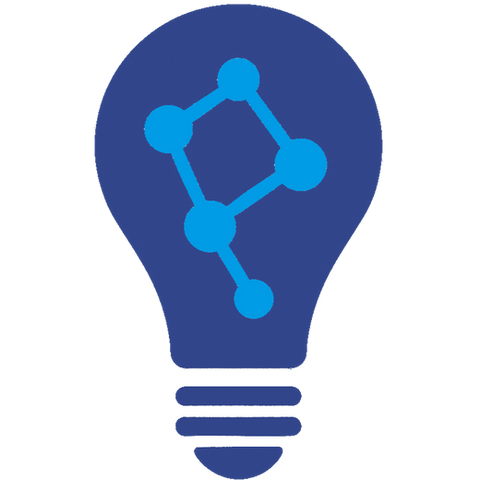 Dunkelblaue Comic-Glühbirne, darin ein hellblaues, neuronales Netz