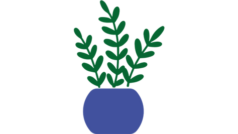 Dunkelblauer Comic-Blumentopf mit drei Grünpflanzen darin