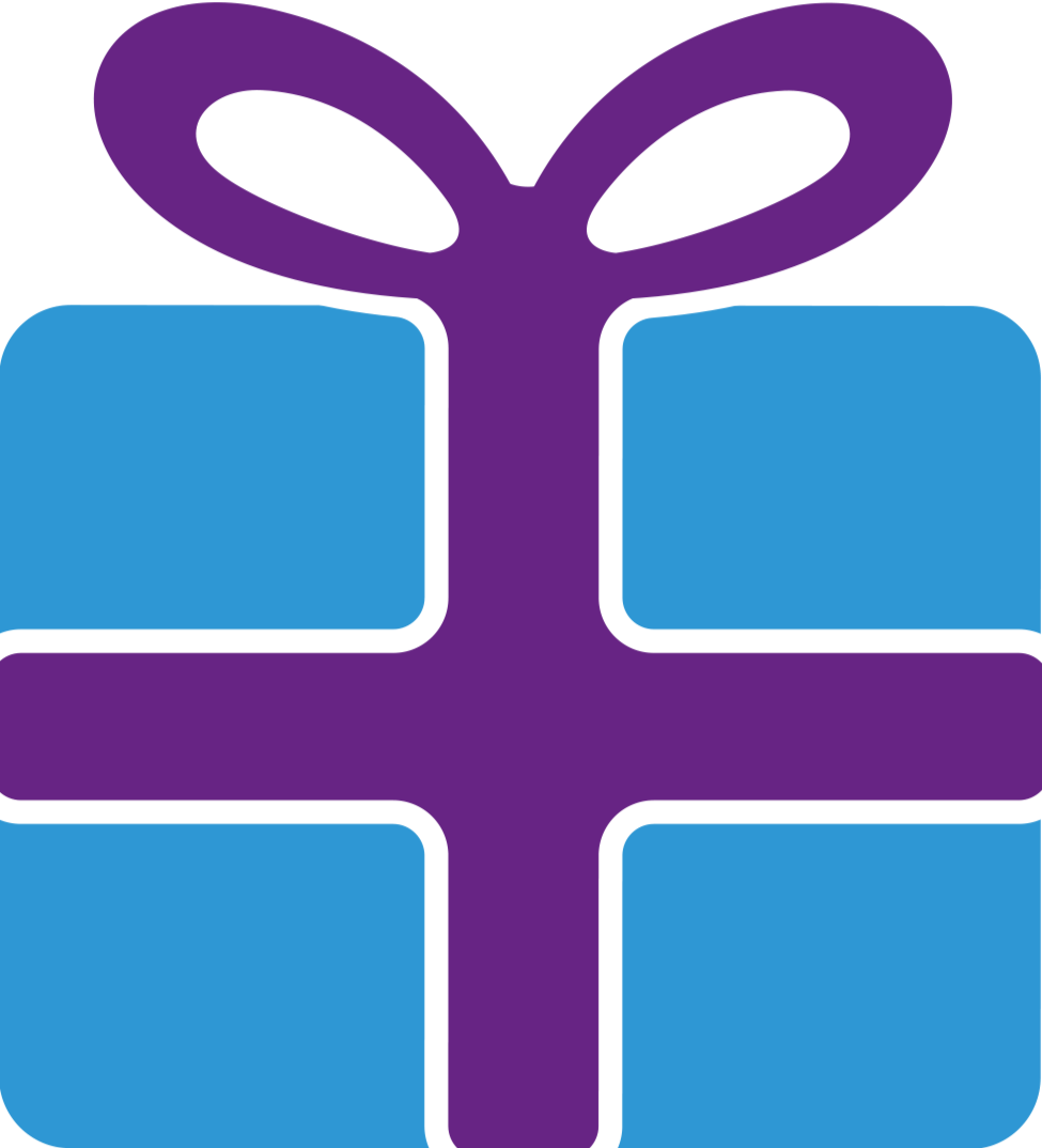 Hellblaues Comic-Geschenkpaket mit lilafarbener Schleife