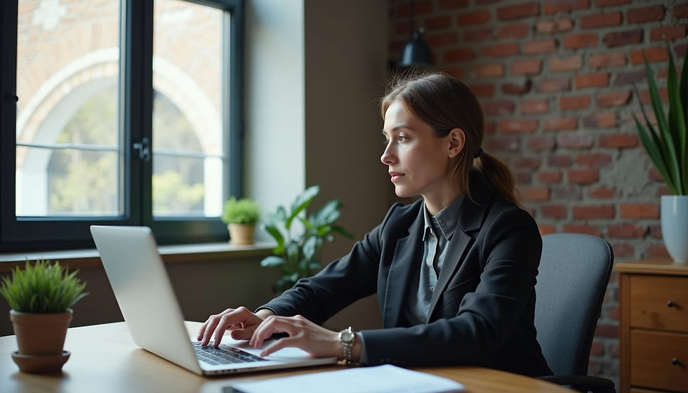 A professional woman in an urban office engaged in an online coaching session, demonstrating an **efficient path to fluency**.