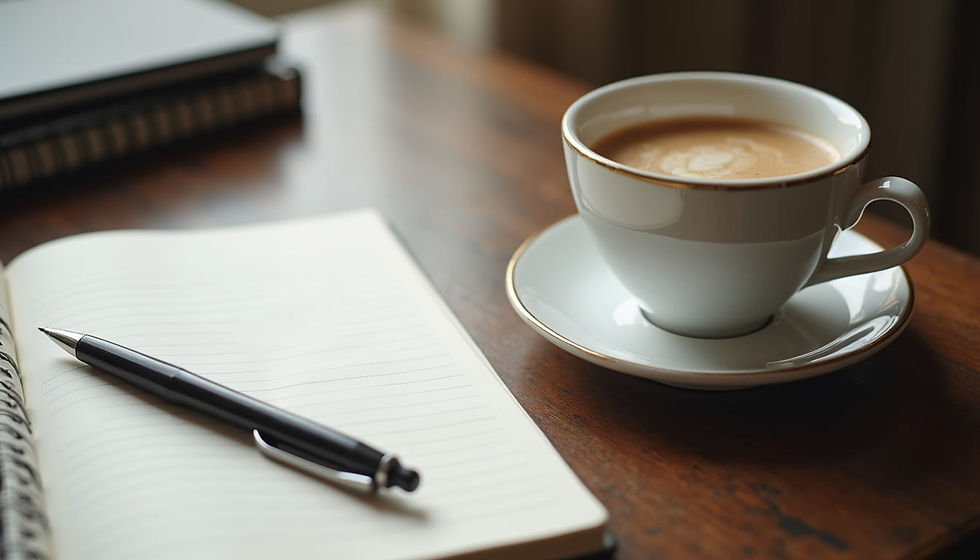 High angle view of a notebook and pen next to a cup of coffee, symbolizing personalized study planning