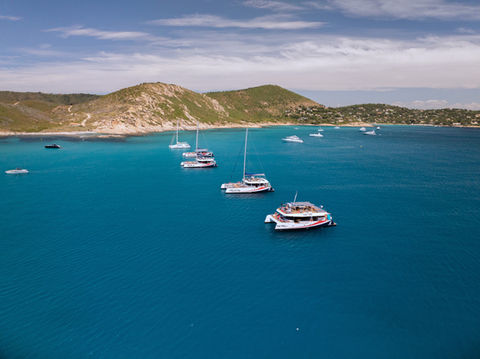 AMC Cape Grace's fleet of maxi hybrid catamarans at anchor at Cap Taillat