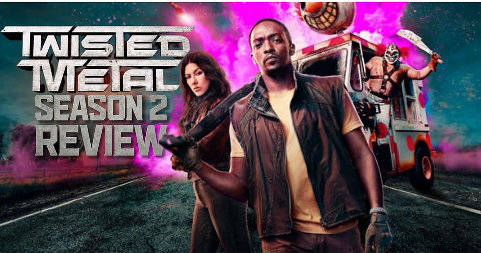 stephanie beatriz, anthony mackie, and a masked clown with a machete in an ice cream truck. text says "twisted metal season 2 review"