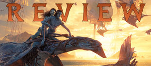A couple riding a flying creature from 'Avatar: Fire and Ash'. Text reads "Review"