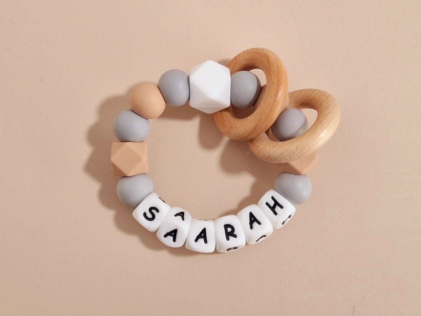 Personalised Teething Toy- Grey & Beige