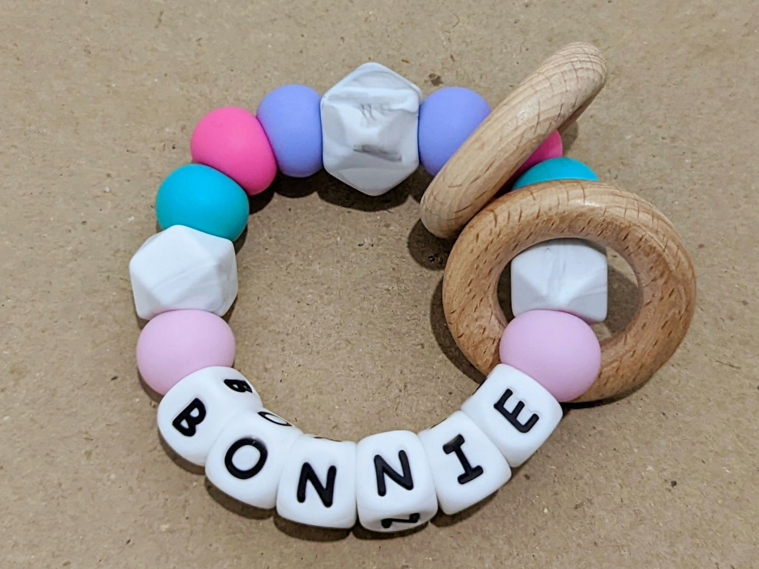Personalised Teething Toy- Vibrant Trio & Baby Pink