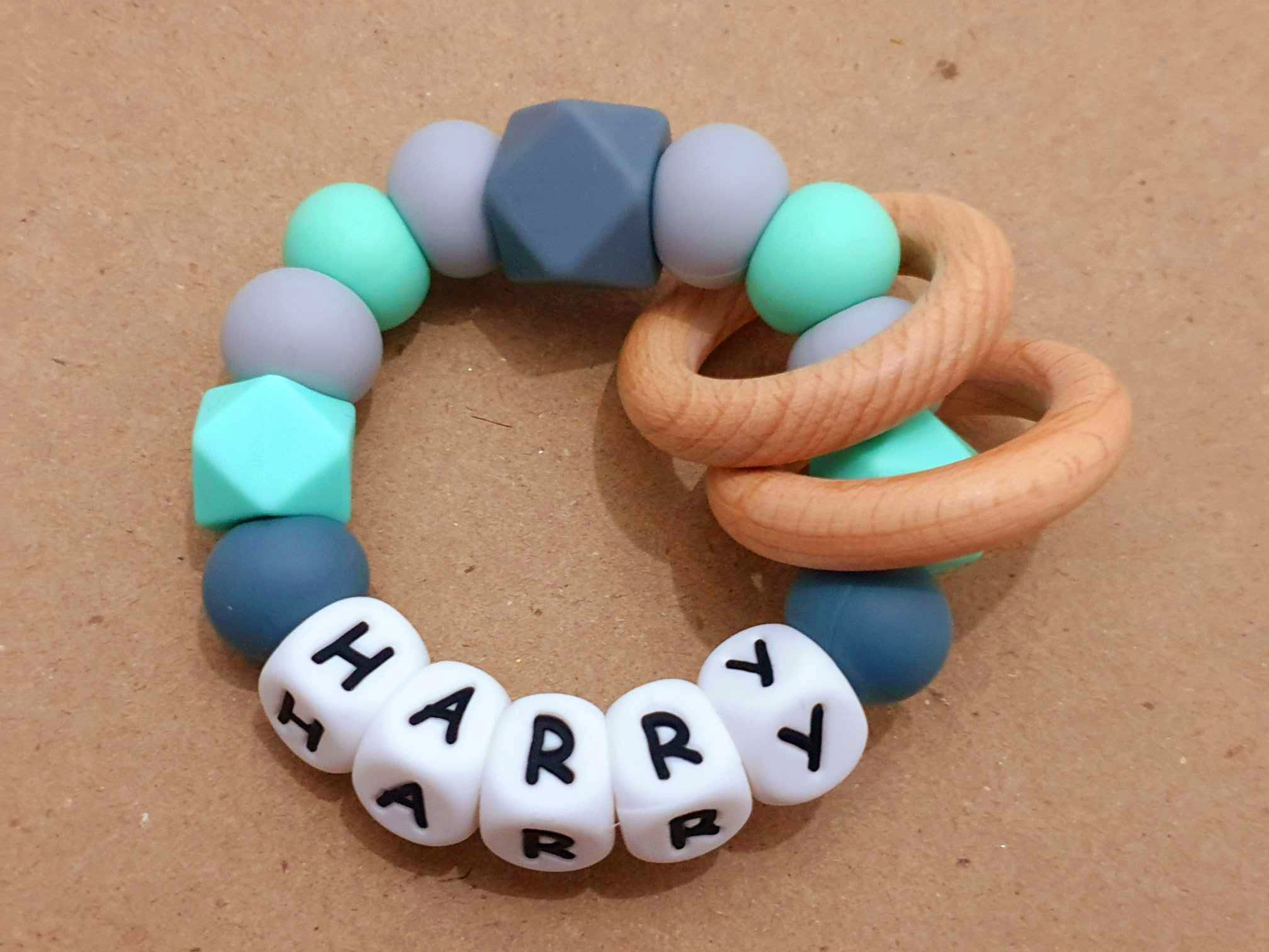 Personalised Teething Toy - Light Grey & Mint Hex