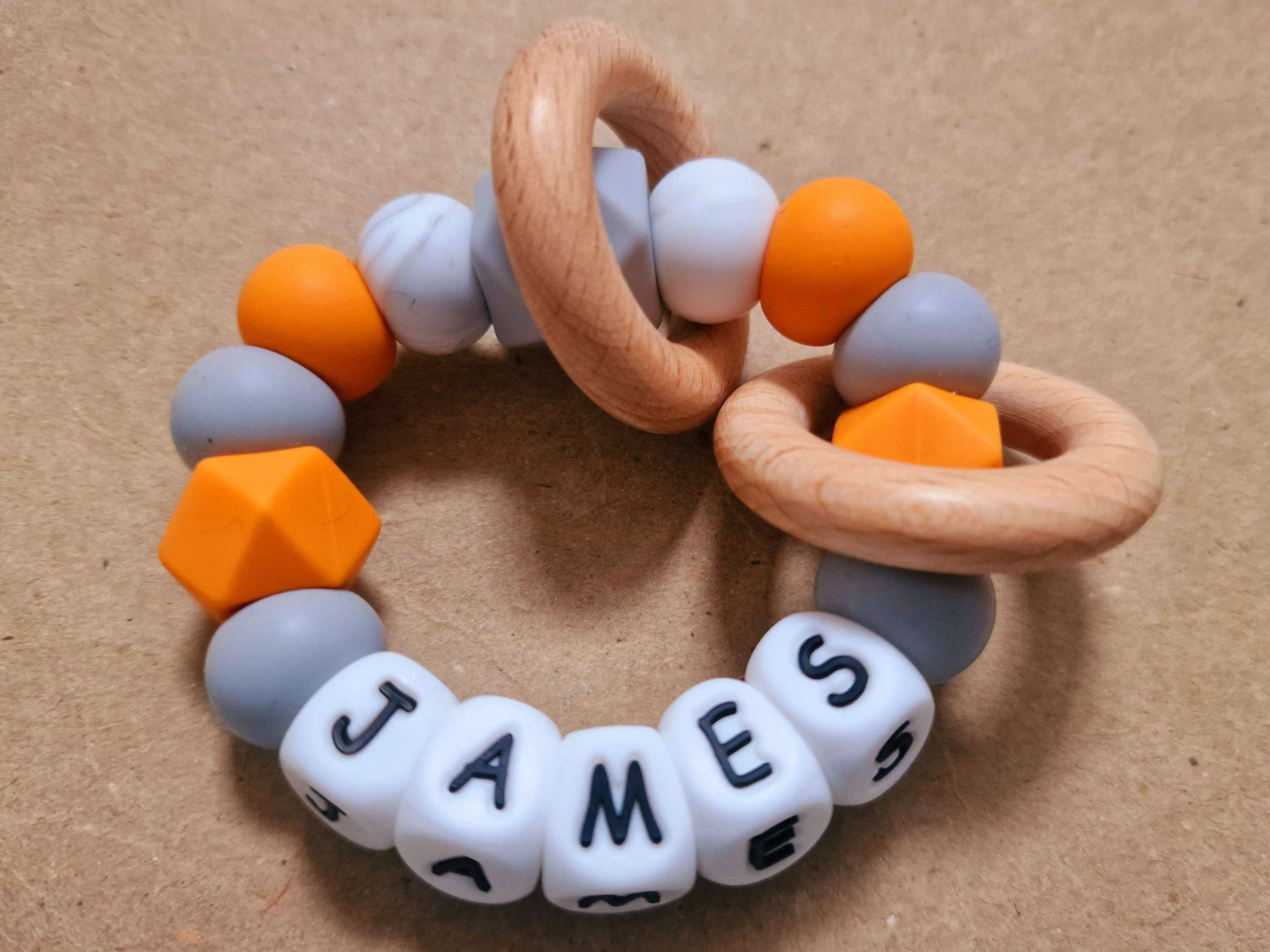 Personalised Teething Toy - Mango & Light Grey