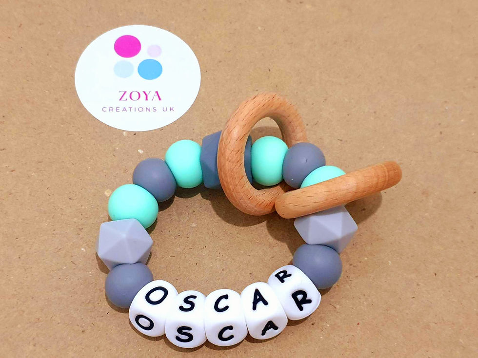 Thumbnail: Personalised Teething Toy- Mint & Light Grey Hex 