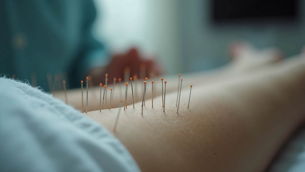 Eye-level view of acupuncture needles placed on a patient's arm