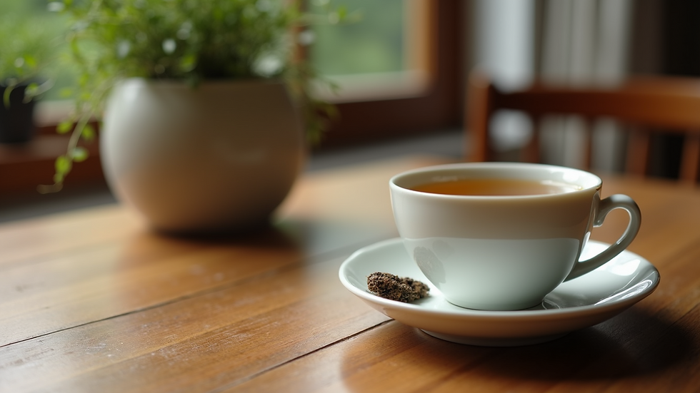 Close-up view of a cup of herbal tea on a wooden table