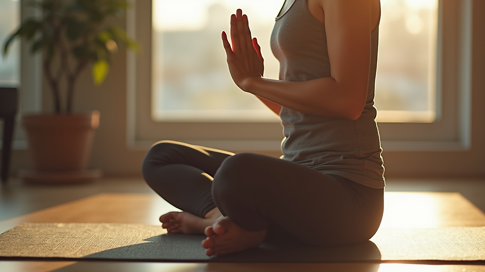 Close-up view of a person sitting cross-legged on a yoga mat practicing breathing