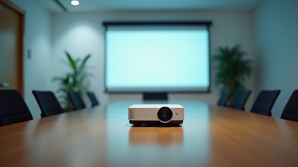 Eye-level view of a conference room with a projector and a clear presentation slide