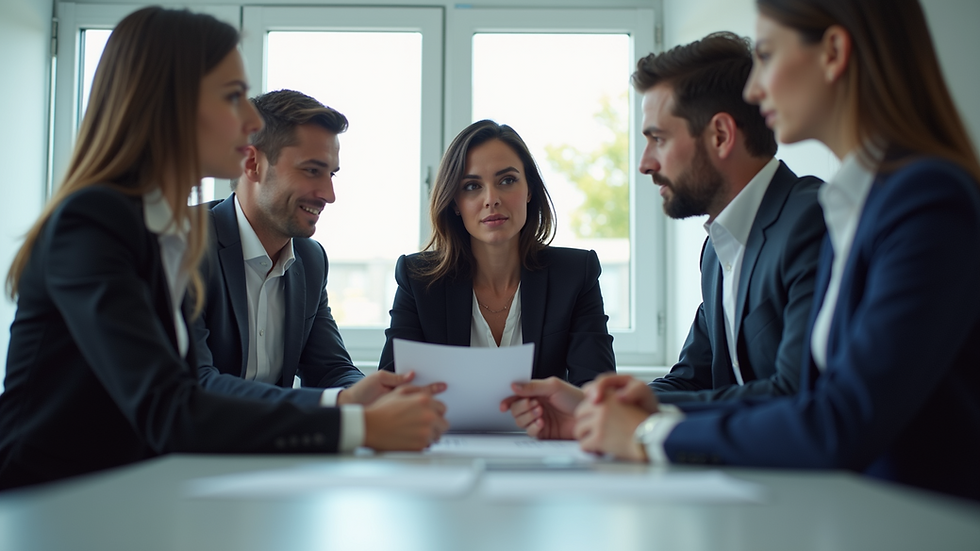 Eye-level view of a sales team discussing strategy over a meeting table