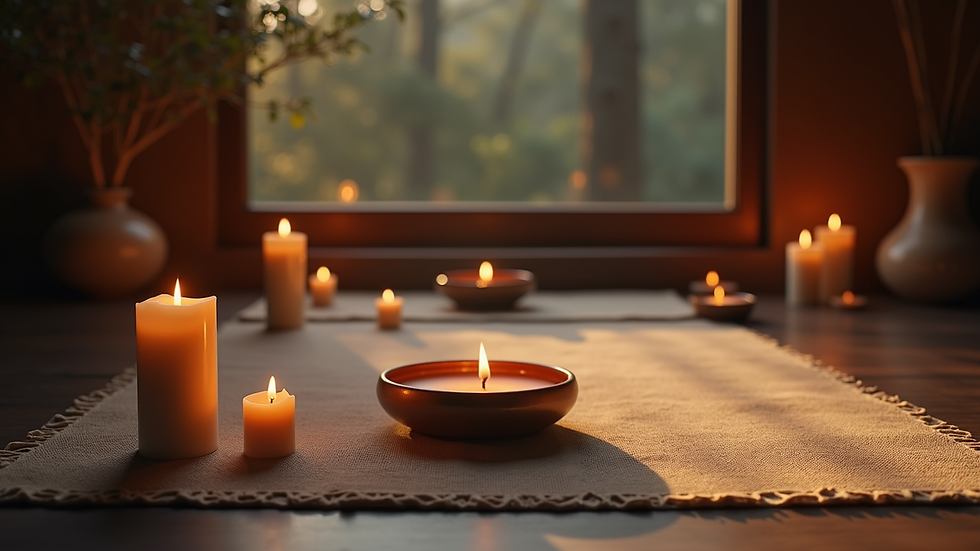 High angle view of a peaceful meditation space with candles and incense