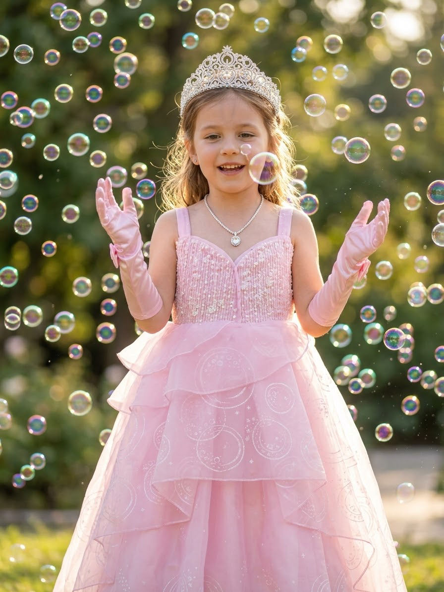 Girl's Size 5-7 Pink Glinda Wicked Bubble Dress Princess With Crown