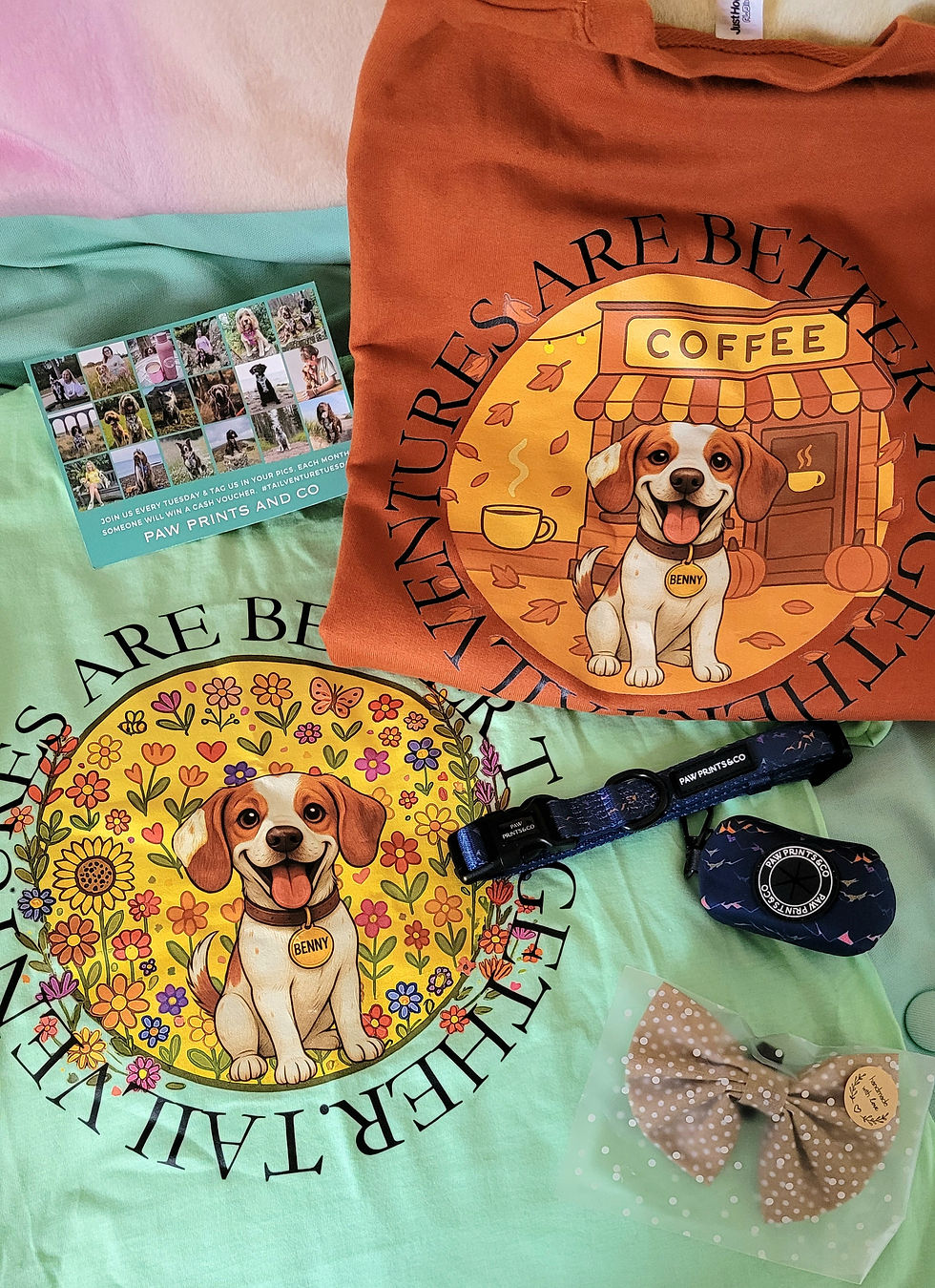 T-shirts with cartoon dogs, floral and coffee motifs, and the text “ADVENTURES ARE BETTER TOGETHER.” Includes dog collar and polka dot bow.