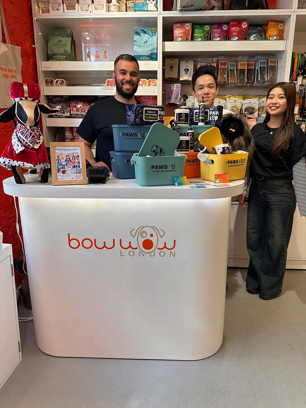 Three people smile behind a counter with colorful pet products at Bow Wow London. A dog mannequin in red attire is on the left.