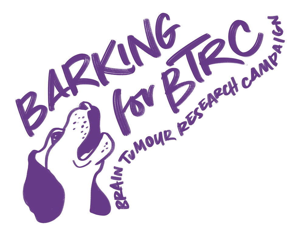 Purple logo of a barking dog with large text Barking for Brain Tumor Research Camp