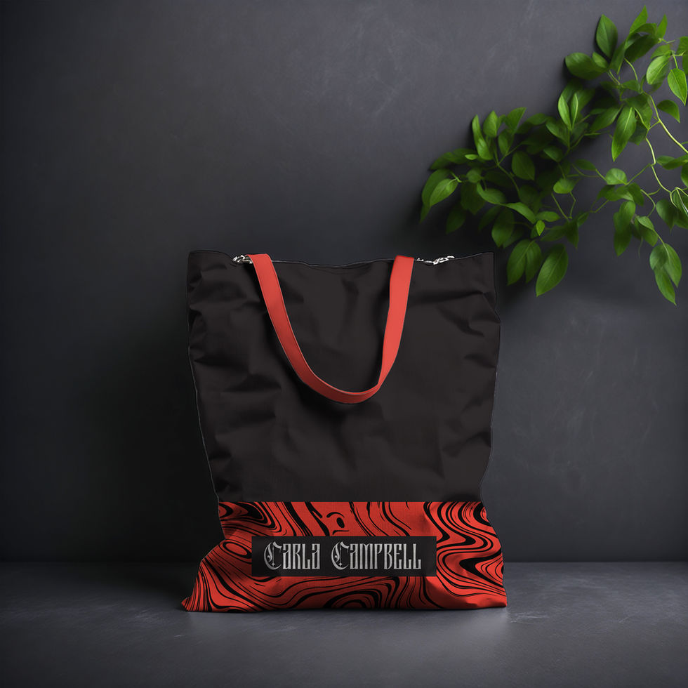 a black and red tote bag with the Carla Campbell Creative logo on it