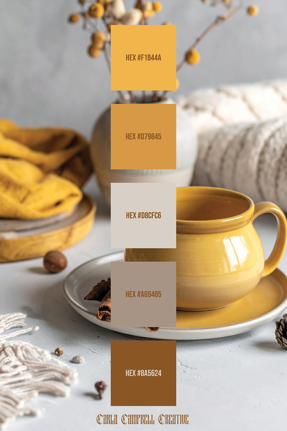 Warm accent winter colour palette with mustard and earthy tones.