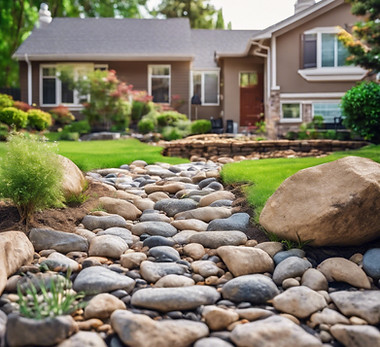 A beautifully landscaped river rock ditch, in the backyard of a home, for draining storm water away from the foundation.