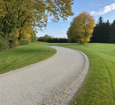 A newly installed gray gravel driveway with a lush green lawn on either side that tapers off for drainage.