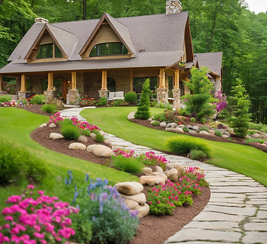 A beautiful home with a winding stone sidewalk lined with pink flowers in beds of mulch and rock decor with a lush green lawn.