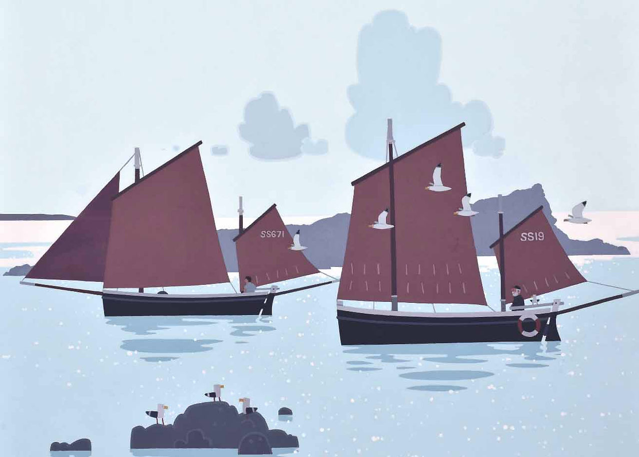 Three red-sailed boats with sailors drift on a calm pale-blue sea, gulls overhead, with SS671 and SS19 on sails.
