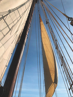 Upward view of sailboat masts and rigging with white and tan sails against a clear blue sky.