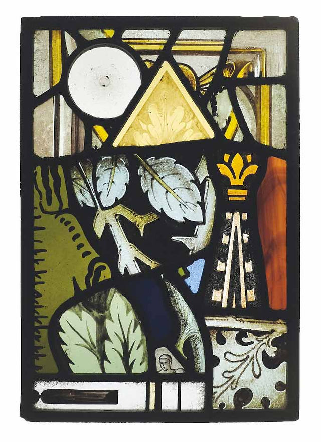 Abstract stained-glass panel with floral and geometric shapes in black, gold, white, green, and blue.