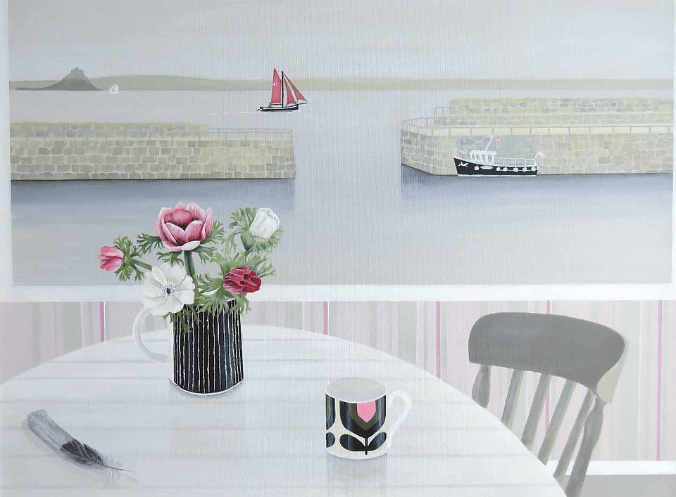 White table with striped mug, feather, and flowered jug by a chair, beneath a harbor view with boats and stone walls.