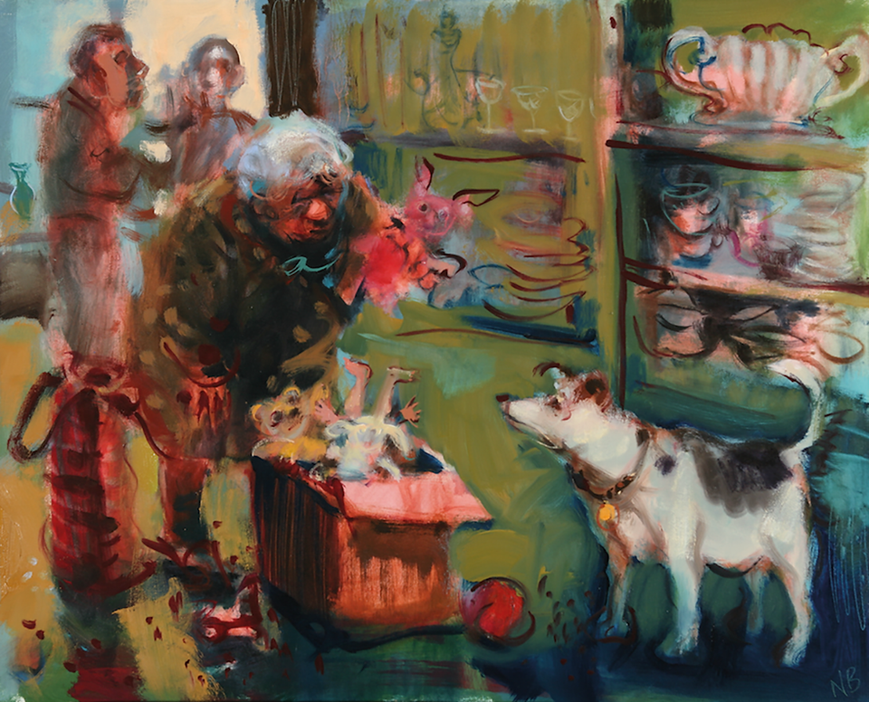 Expressive painting of an elderly person and a white dog in a colorful room, with blurred figures and a toy-filled table.