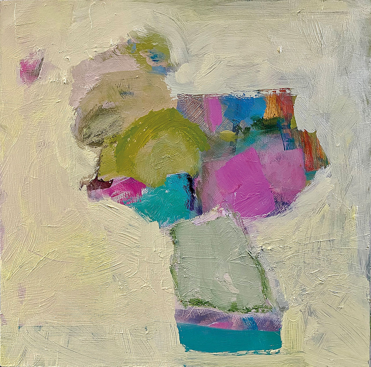 'Moroccan pot' Abstract painting with turquoise, blue, yellow, and pink brushstrokes, layered blocks of color, energetic and soft mood